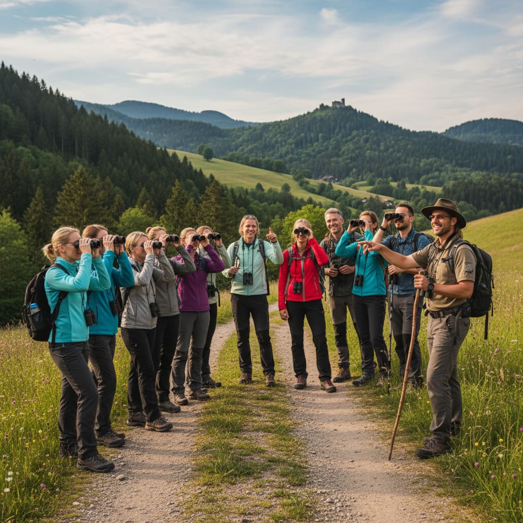 Unternehmensgruppe mit Guide auf einem Naturpfad in Österreich