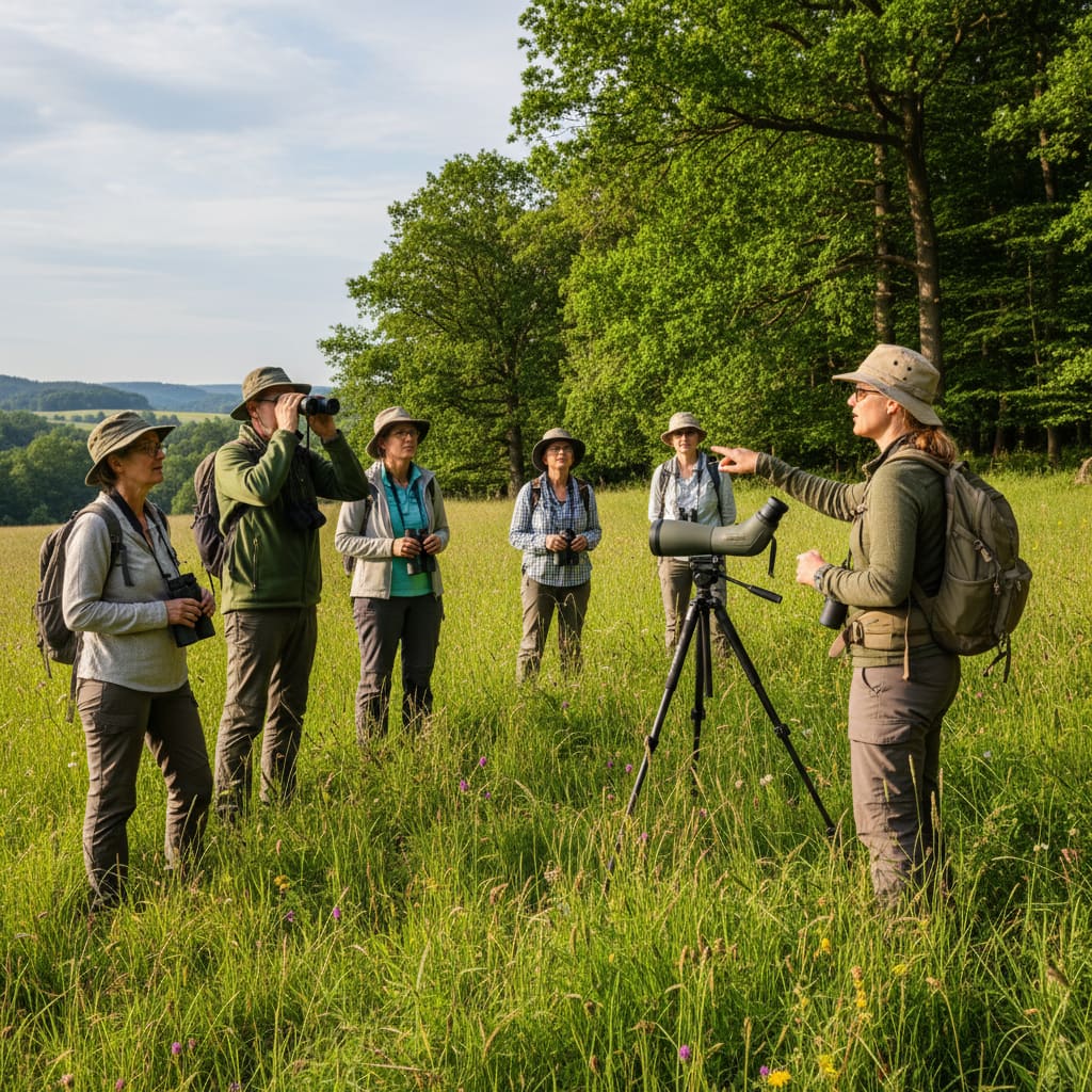 Guide erklärt Birdwatching-Ausrüstung in einer Wiese
