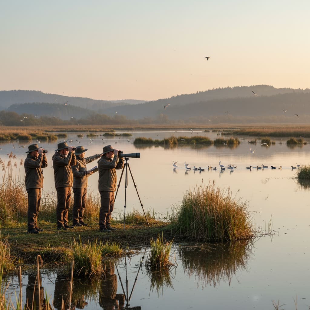 Gruppe von Birdwatchern in einem österreichischen Feuchtgebiet bei Sonnenaufgang