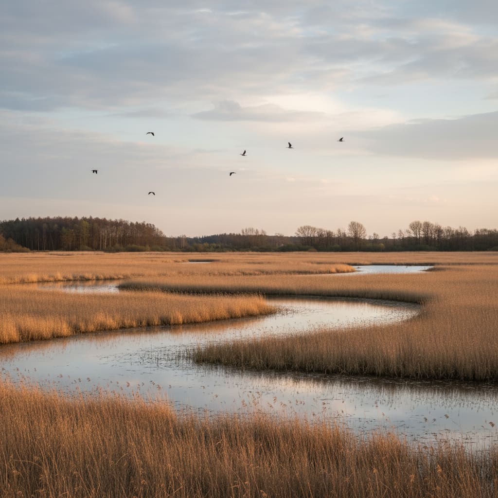 Weitläufiges Feuchtgebiet mit Röhrichten und Waldkante in Österreich